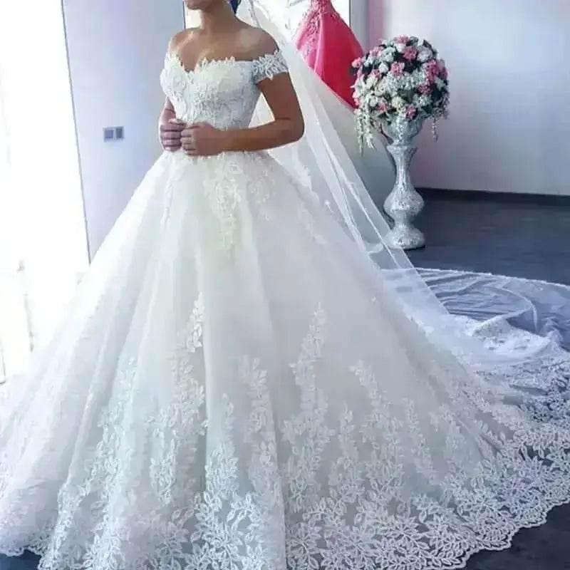 Ivory Lace Off Shoulder Wedding Gown 50cm Train Wedding Dresses by QQ Lover Official Store / Maria Novia Official Store