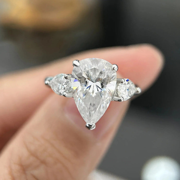 1/2/3/4ct Pear Cut All Moissanite Engagement Rings for Women S925 Sterling Silver 3-Stone Promise Wedding Band Luxury Jewelry Rings by Dropshee