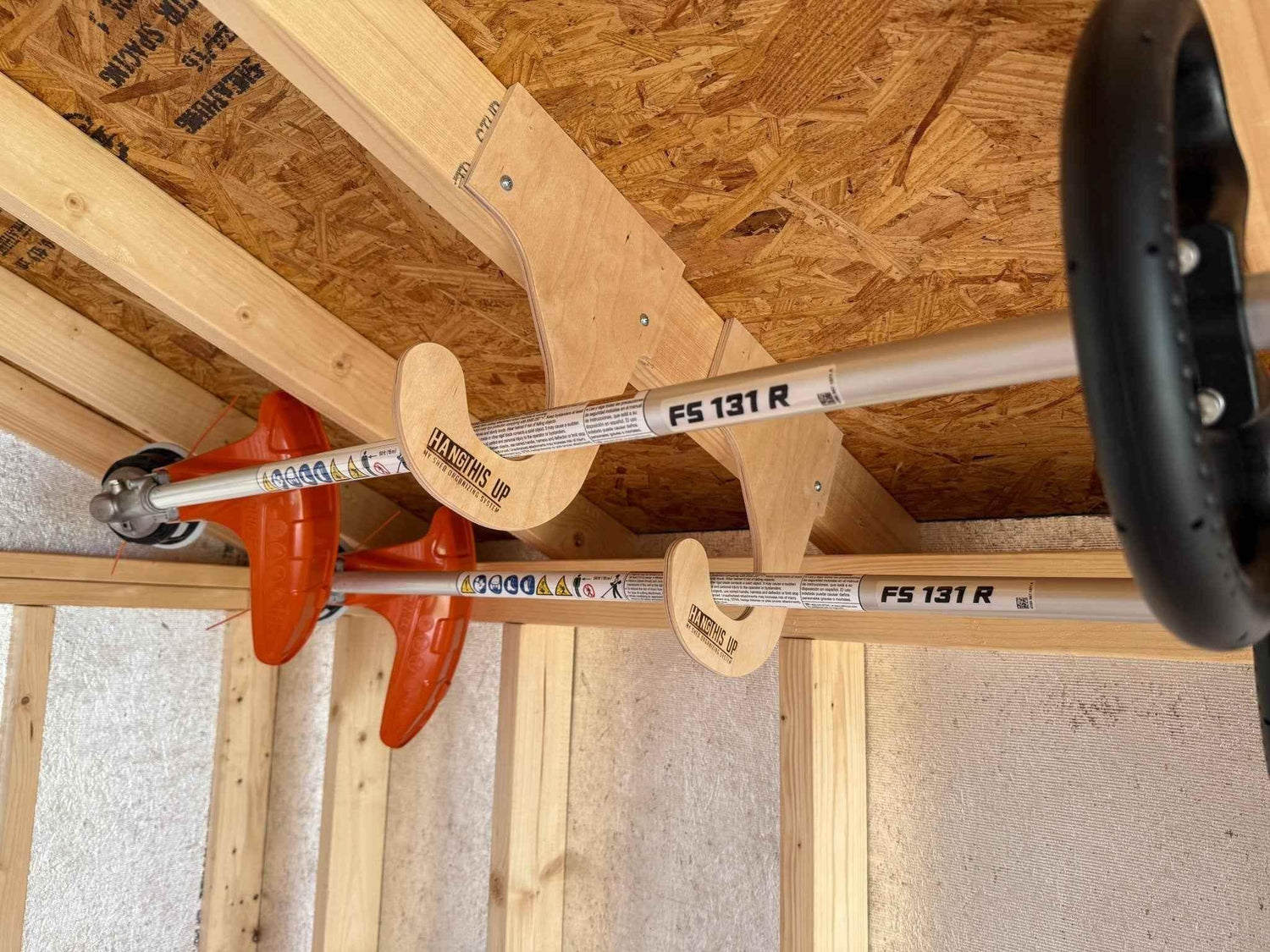 Overhead Weed Wacker Storage Hook – Ceiling Mount for Weed Eaters & Tools Organizer for Shed Outdoor Storage by HangThis Up My Shed Organizing System