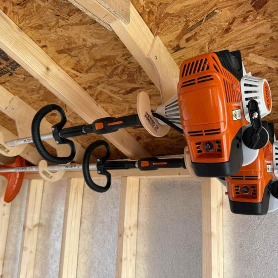 Overhead Weed Wacker Storage Hook – Ceiling Mount for Weed Eaters & Tools Organizer for Shed Outdoor Storage by HangThis Up My Shed Organizing System
