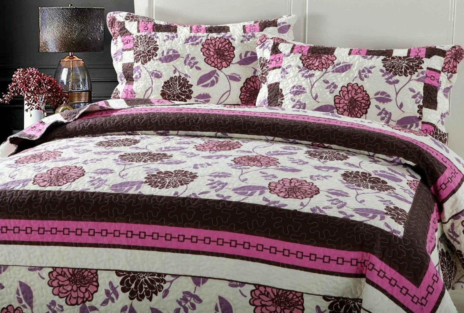 DaDa Bedding Bohemian Purple Blooms Floral Garden Pink Brown Bedspread Set (KBJ1629) Quilts by DaDalogy Bedding Collection