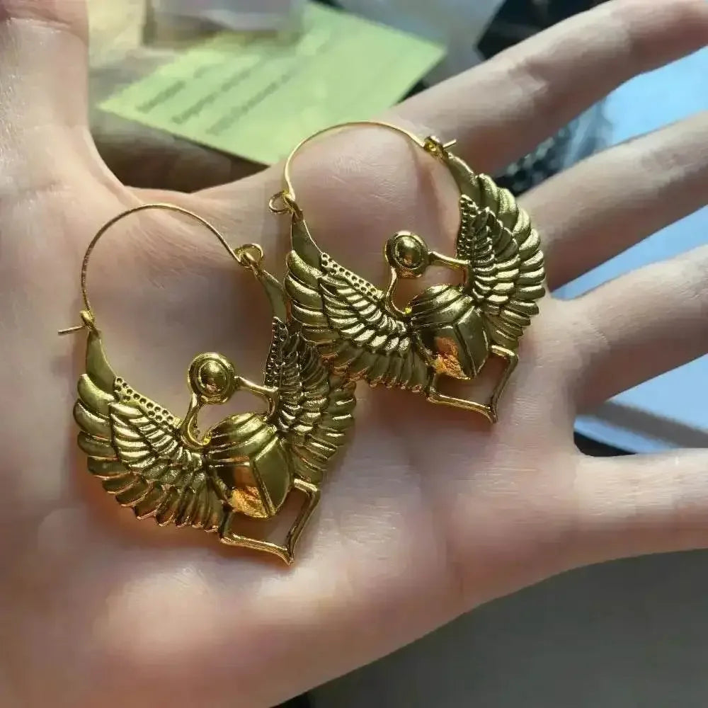 Vintage Egyptian Inspired Designs Sacred Wings Scarab Large Hoops Earrings Gypsy Tribal Women Gold Color Earrings Party Gift Jewelry & Accessories by DSERS
