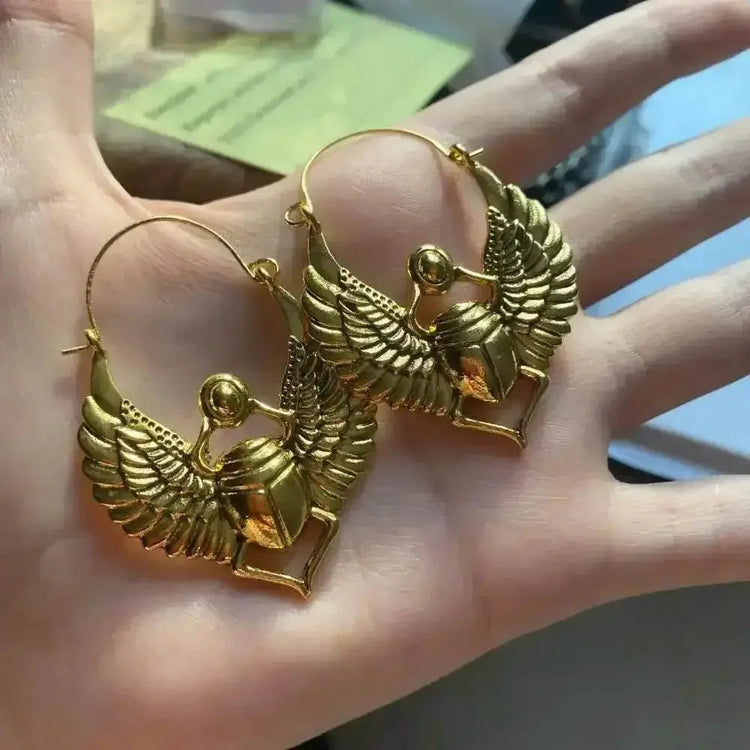 Vintage Egyptian Inspired Designs Sacred Wings Scarab Large Hoops Earrings Gypsy Tribal Women Gold Color Earrings Party Gift Jewelry & Accessories by DSERS