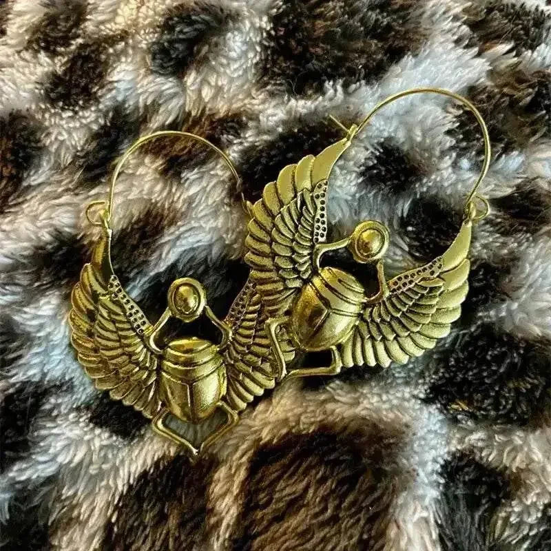 Vintage Egyptian Inspired Designs Sacred Wings Scarab Large Hoops Earrings Gypsy Tribal Women Gold Color Earrings Party Gift Jewelry & Accessories by DSERS