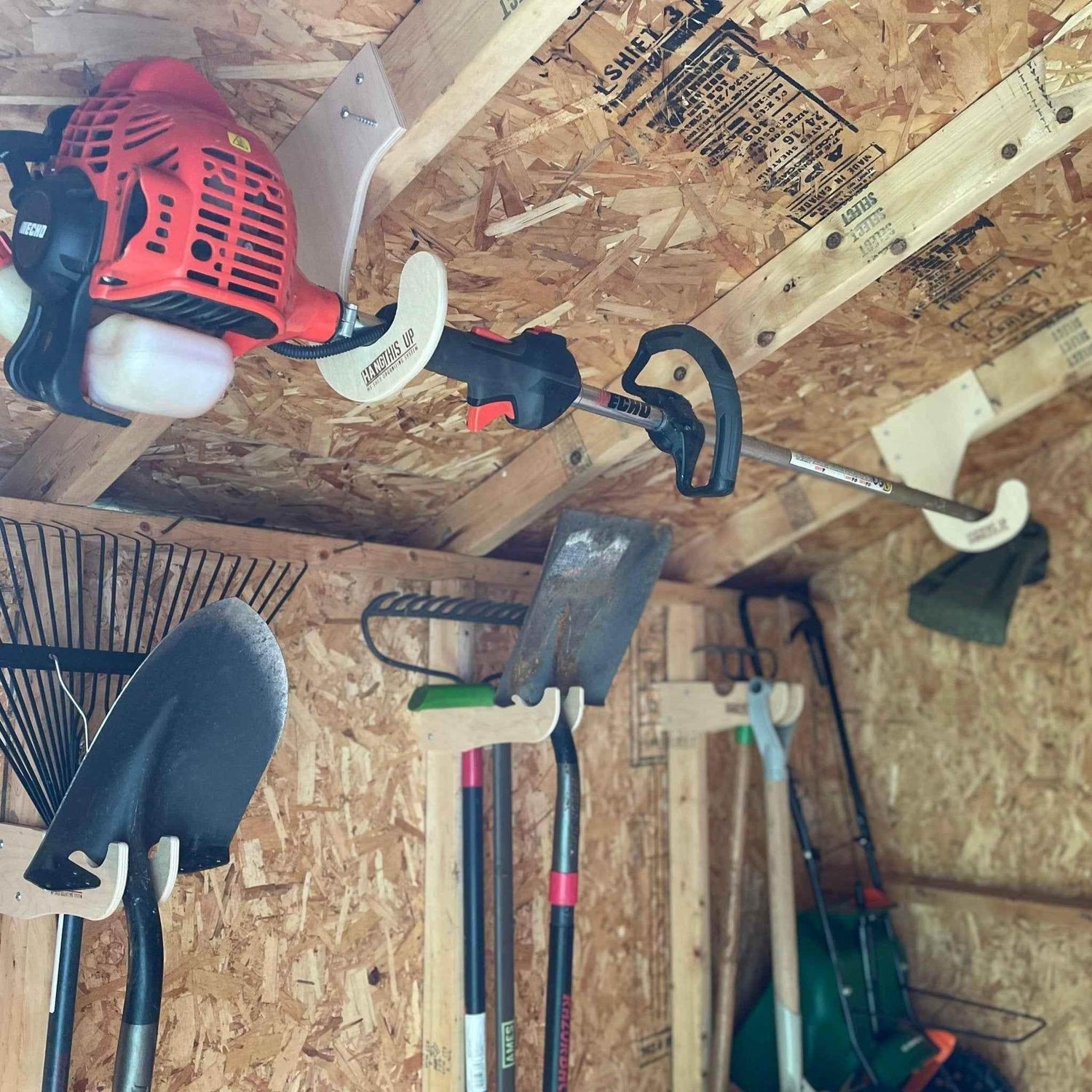 Overhead Weed Wacker Storage Hook – Ceiling Mount for Weed Eaters & Tools Organizer for Shed Outdoor Storage by HangThis Up My Shed Organizing System
