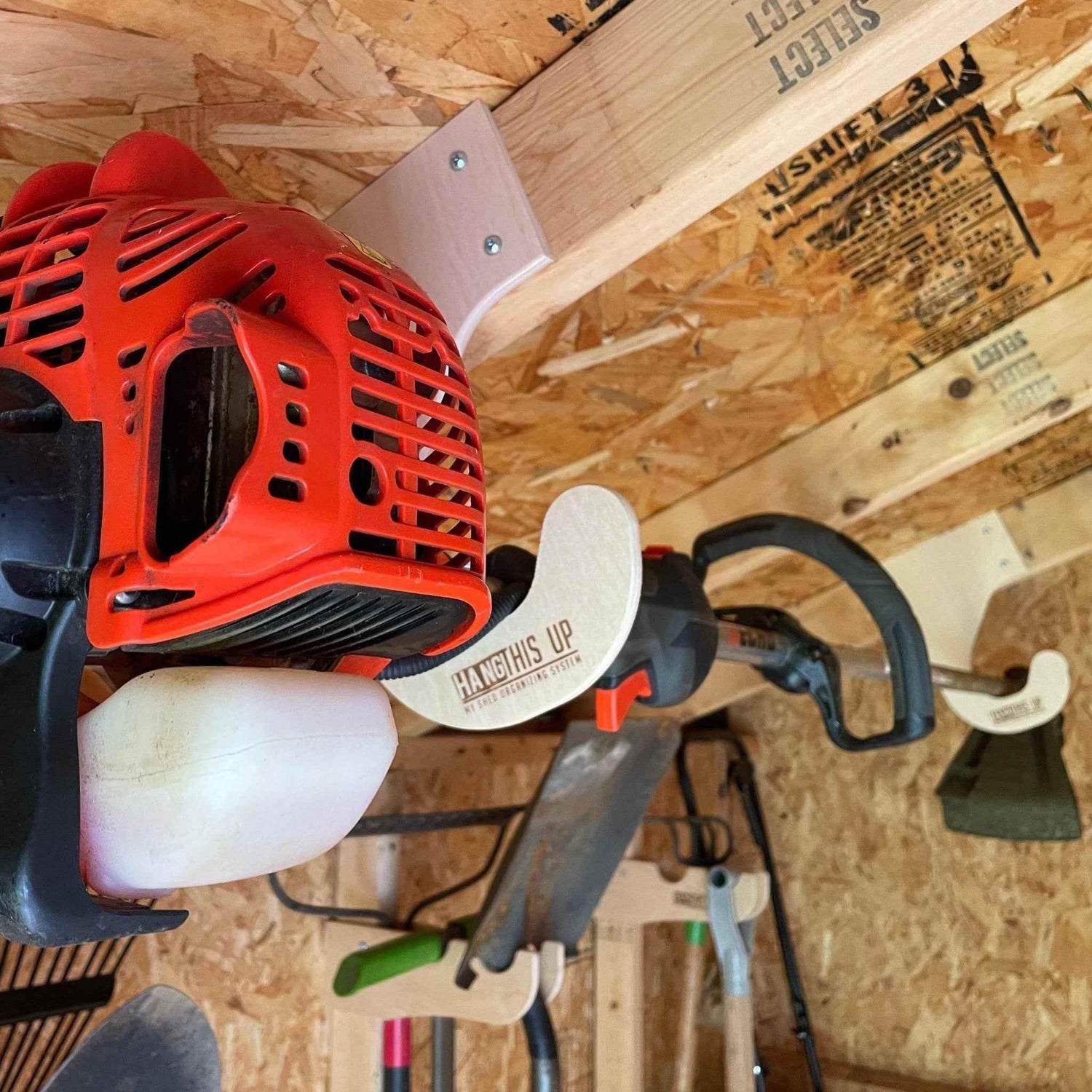 Overhead Weed Wacker Storage Hook – Ceiling Mount for Weed Eaters & Tools Organizer for Shed Outdoor Storage by HangThis Up My Shed Organizing System