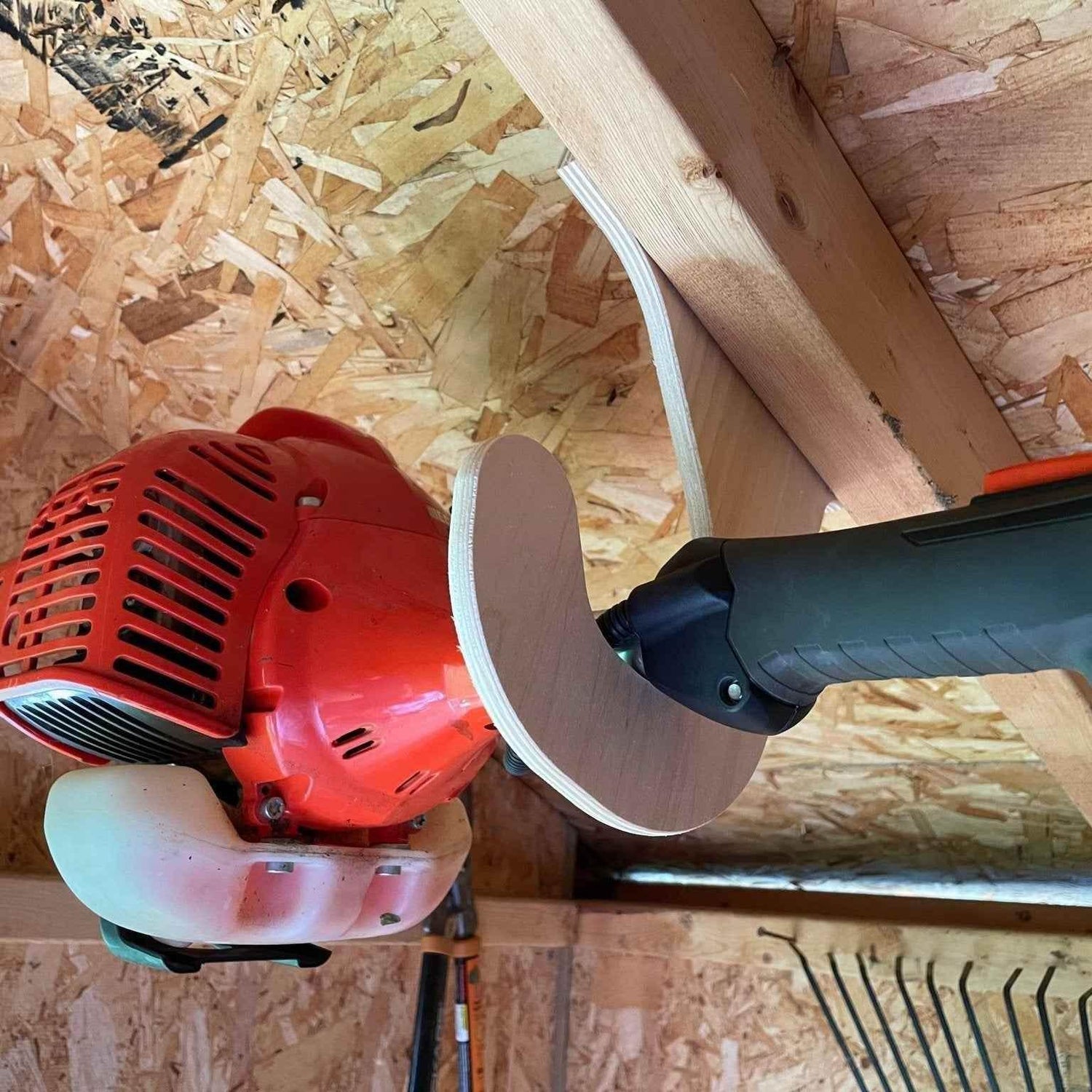 Overhead Weed Wacker Storage Hook – Ceiling Mount for Weed Eaters & Tools Organizer for Shed Outdoor Storage by HangThis Up My Shed Organizing System
