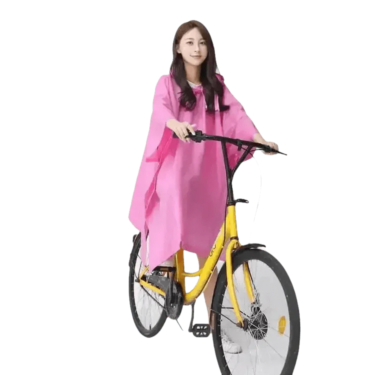 Woman in Colorful Waterproof Long Raincoat on Yellow Bicycle Raincoat by Lemonkid Hat Slipper Raincoat Store