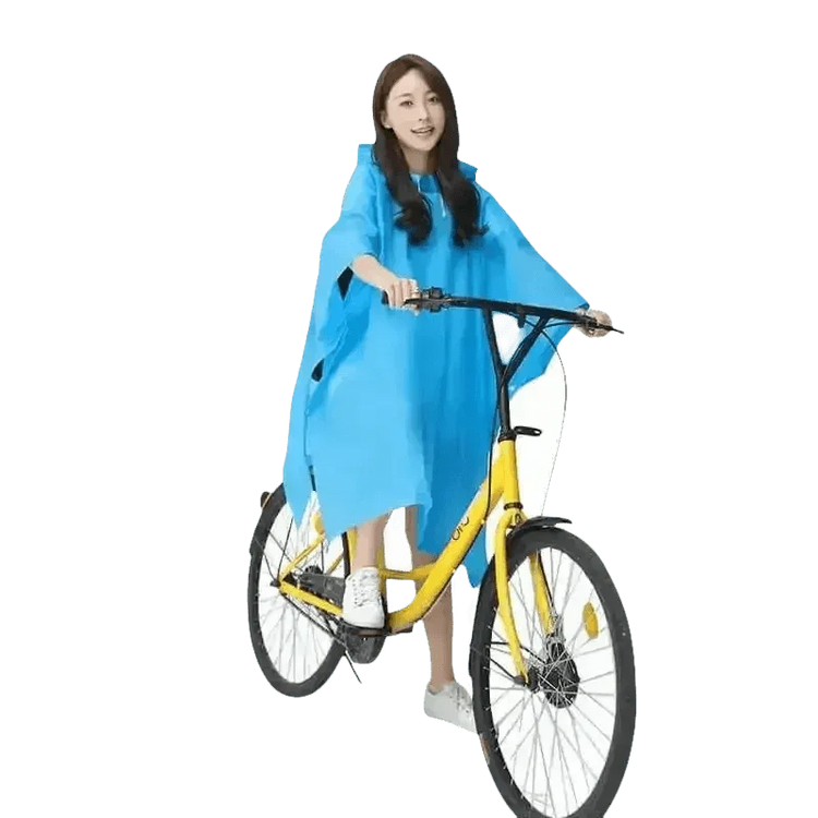 Woman in Colorful Waterproof Long Raincoat on Yellow Bicycle Raincoat by Lemonkid Hat Slipper Raincoat Store