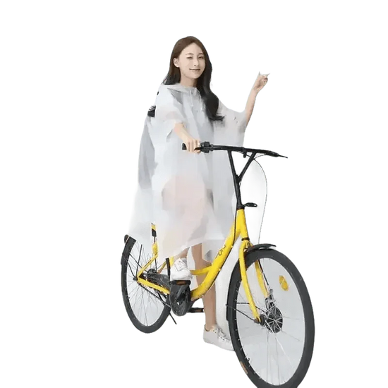 Woman in Colorful Waterproof Long Raincoat on Yellow Bicycle Raincoat by Lemonkid Hat Slipper Raincoat Store