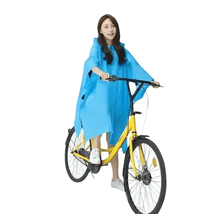 Woman in Colorful Waterproof Long Raincoat on Yellow Bicycle Raincoat by Lemonkid Hat Slipper Raincoat Store