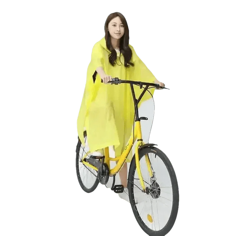 Woman in Colorful Waterproof Long Raincoat on Yellow Bicycle Raincoat by Lemonkid Hat Slipper Raincoat Store