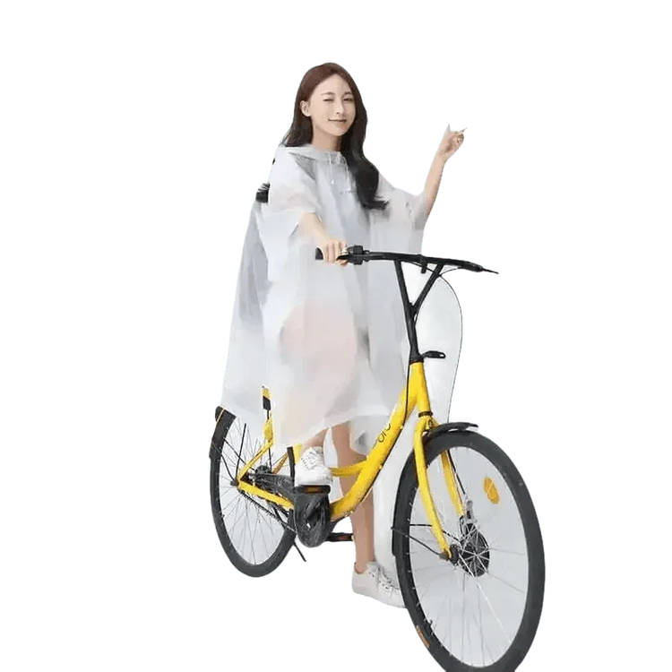 Woman in Colorful Waterproof Long Raincoat on Yellow Bicycle Raincoat by Lemonkid Hat Slipper Raincoat Store