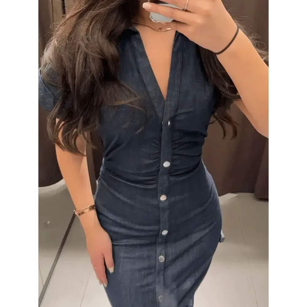 Women Denim V-neck Short Sleeved Long Dress Chic Slim Fit Single Breast Slit Vestidos New High Street Casual Solid Commuter Gown women&