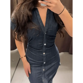 Women Denim V-neck Short Sleeved Long Dress Chic Slim Fit Single Breast Slit Vestidos New High Street Casual Solid Commuter Gown women&