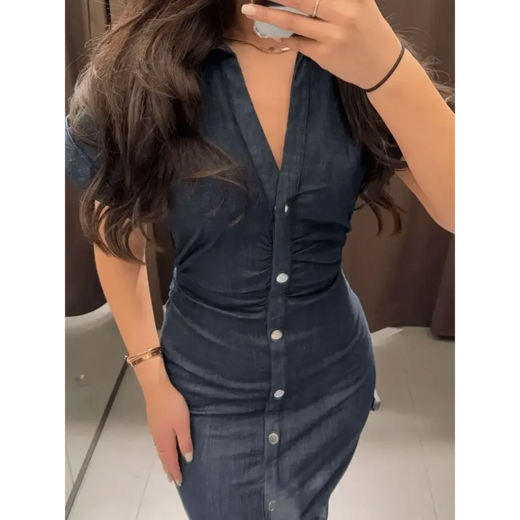 Women Denim V-neck Short Sleeved Long Dress Chic Slim Fit Single Breast Slit Vestidos New High Street Casual Solid Commuter Gown women&
