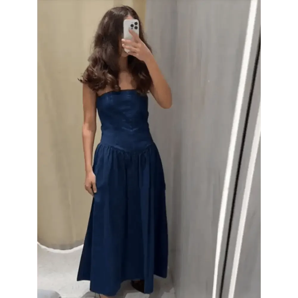 Women Denim V-neck Short Sleeved Long Dress Chic Slim Fit Single Breast Slit Vestidos New High Street Casual Solid Commuter Gown women&
