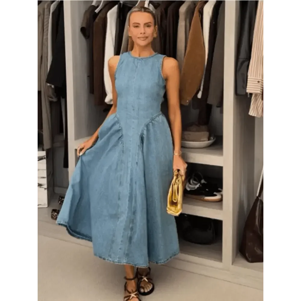 Women Denim V-neck Short Sleeved Long Dress Chic Slim Fit Single Breast Slit Vestidos New High Street Casual Solid Commuter Gown women&
