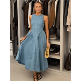 Women Denim V-neck Short Sleeved Long Dress Chic Slim Fit Single Breast Slit Vestidos New High Street Casual Solid Commuter Gown women&