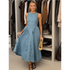 Women Denim V-neck Short Sleeved Long Dress Chic Slim Fit Single Breast Slit Vestidos New High Street Casual Solid Commuter Gown women&