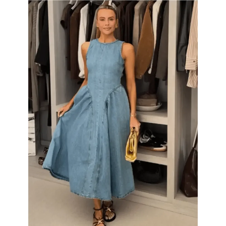 Women Denim V-neck Short Sleeved Long Dress Chic Slim Fit Single Breast Slit Vestidos New High Street Casual Solid Commuter Gown women&