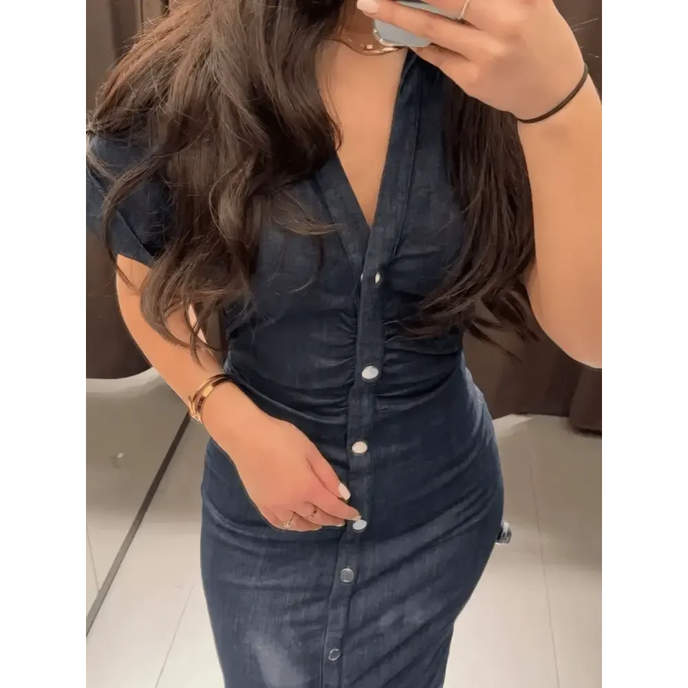 Women Denim V-neck Short Sleeved Long Dress Chic Slim Fit Single Breast Slit Vestidos New High Street Casual Solid Commuter Gown women&
