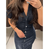 Women Denim V-neck Short Sleeved Long Dress Chic Slim Fit Single Breast Slit Vestidos New High Street Casual Solid Commuter Gown women&