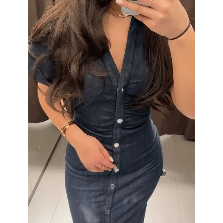 Women Denim V-neck Short Sleeved Long Dress Chic Slim Fit Single Breast Slit Vestidos New High Street Casual Solid Commuter Gown women&