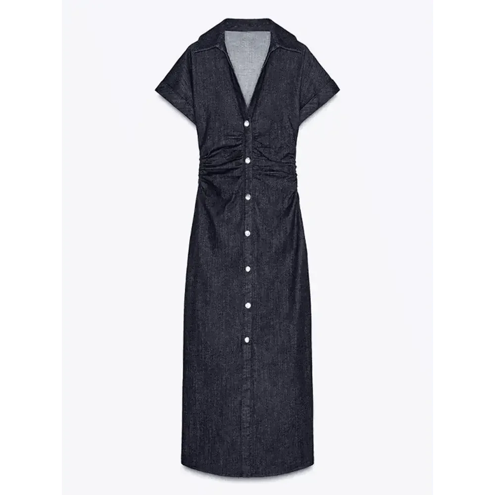 Women Denim V-neck Short Sleeved Long Dress Chic Slim Fit Single Breast Slit Vestidos New High Street Casual Solid Commuter Gown women&