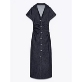 Women Denim V-neck Short Sleeved Long Dress Chic Slim Fit Single Breast Slit Vestidos New High Street Casual Solid Commuter Gown women&