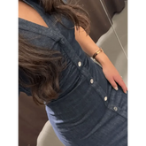 Women Denim V-neck Short Sleeved Long Dress Chic Slim Fit Single Breast Slit Vestidos New High Street Casual Solid Commuter Gown women&
